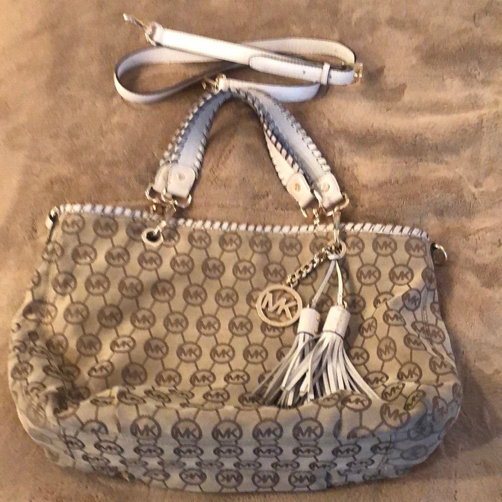 Michael Kors Tan with leather trim Shoulder Bag with Monogram Print